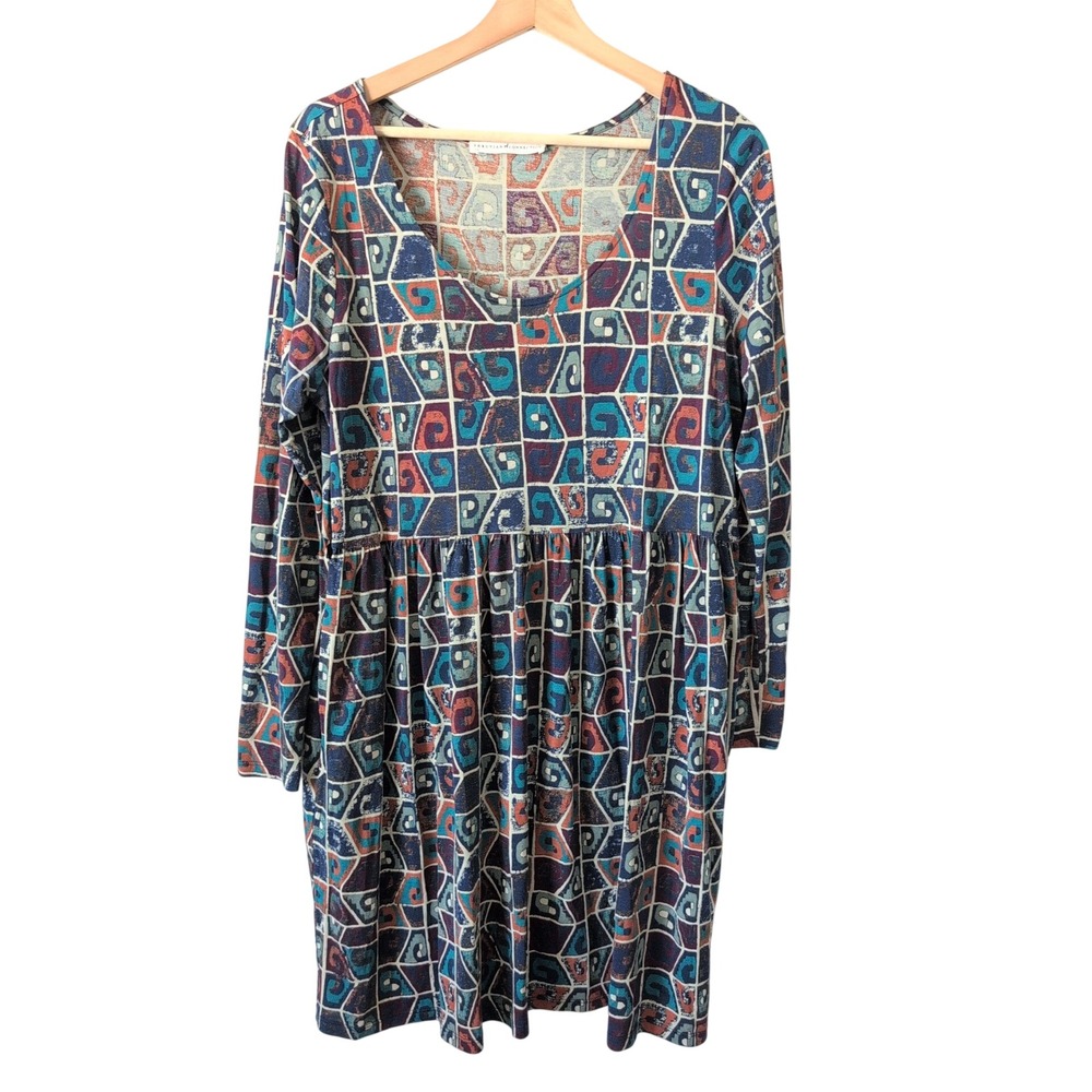 Peruvian Connection Pima Cotton Mosaic Print Dress Long Sleeve Large Art to Wear